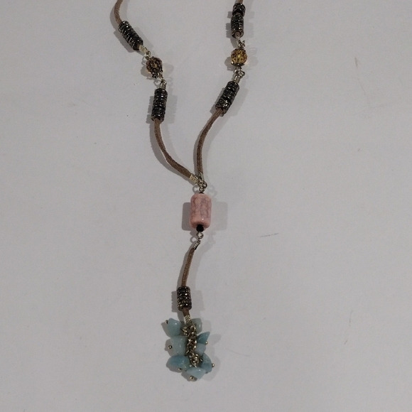 🌟 Gold-Tone Brown Cord Colorful Beaded Necklace w/ Beads Cluster Pendant, Chic - Picture 7 of 12